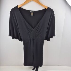 Grace Elements Women's Black Flutter Sleeve Tie Back Top XL Stretch Knit Vtg Y2K